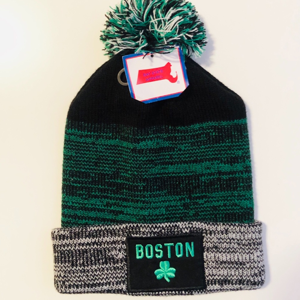 Boston Themed Two Color Winter Pom Pom Hat